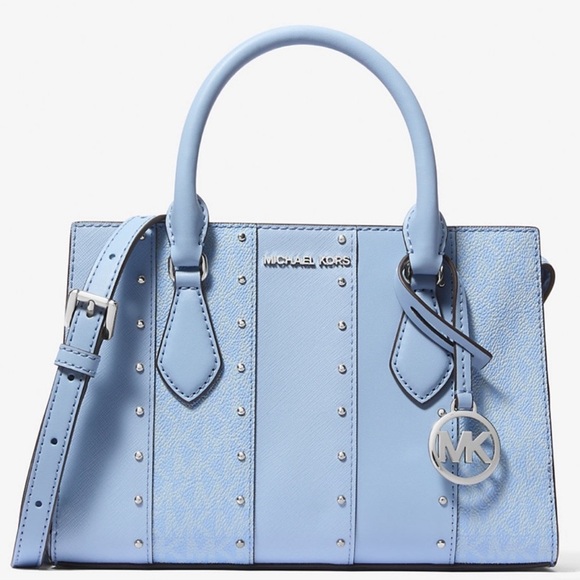 Michael Kors Sheila Small Studded Patchwork Satchel Bag Light Sky Blue Multi - Picture 1 of 10